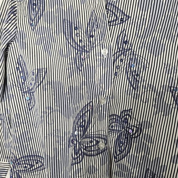 Alfred Dunner Button-Down Blue Sequin Striped Butterfly Poplin Shirt Size 10 - Picture 3 of 7